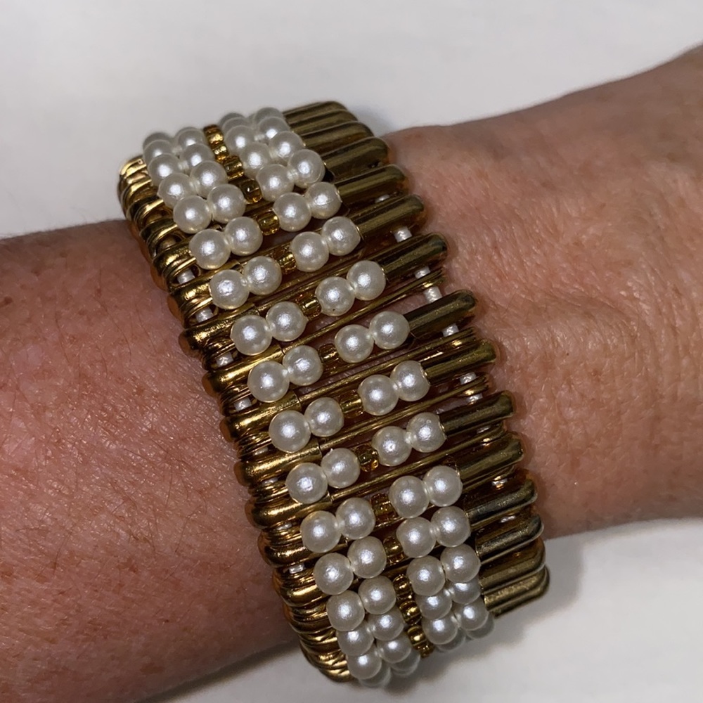 Antique style handmade Bracelet with gold tone safety pins and pearl beads